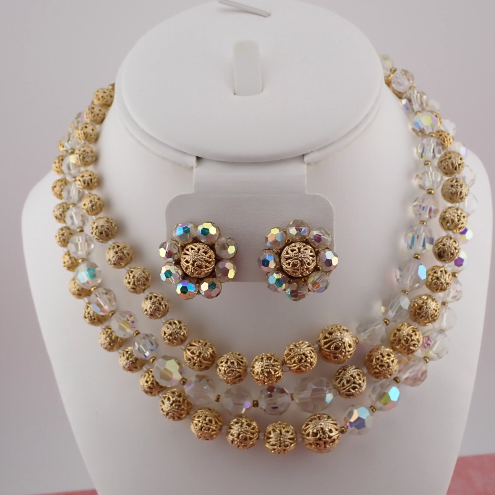 VTG 3 Strand AB Faceted Glass Crystal Gold Tone Filigree Ball Necklace Earrings