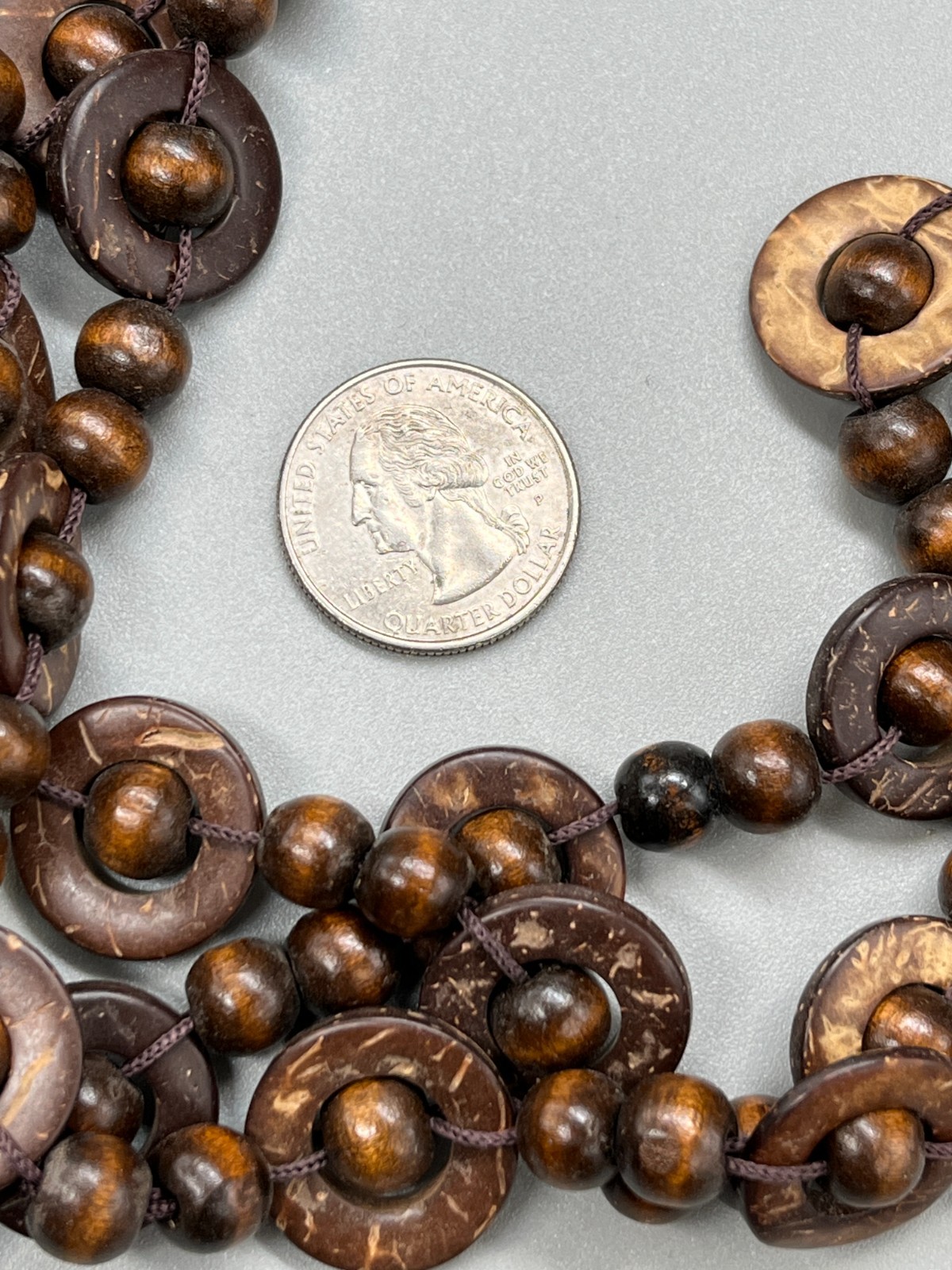 Bohemian Boho Wooden Flat Circle Link with Bead 3 Strand Necklace