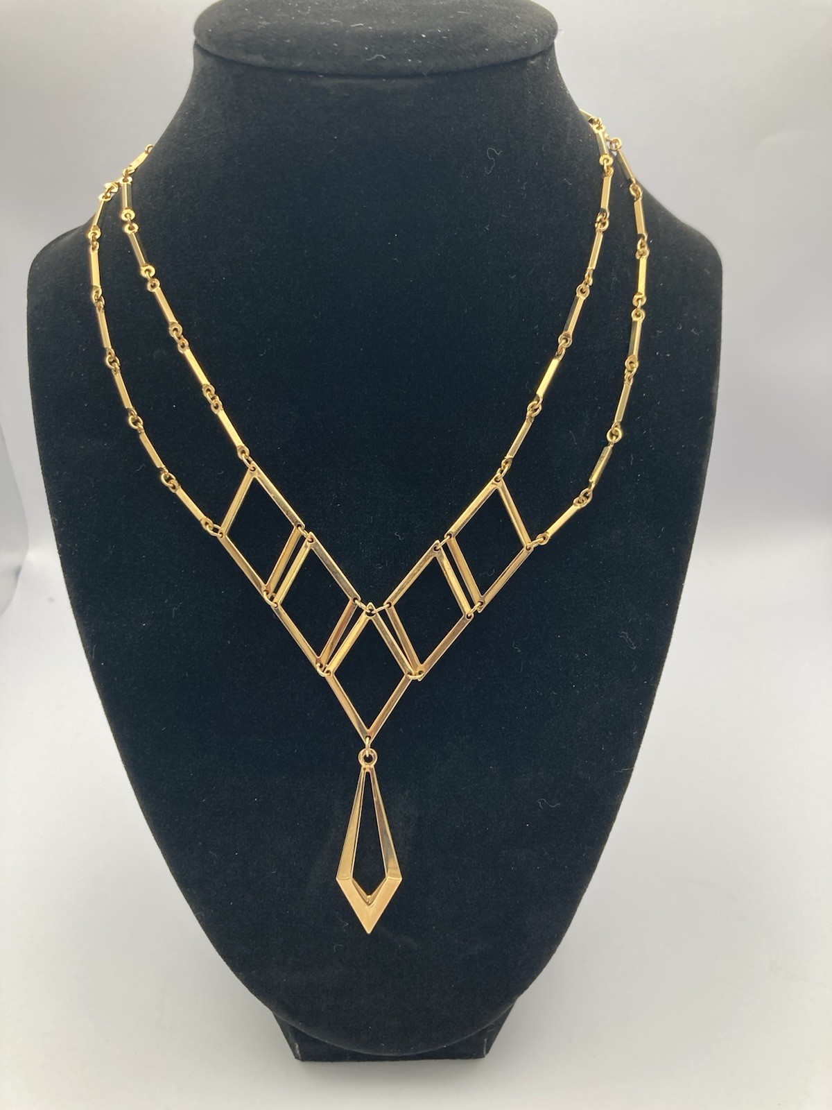 Vintage Sarah Coventry Geometric Gold-Tone Necklace 17.75” Long Fish Hook Clasp