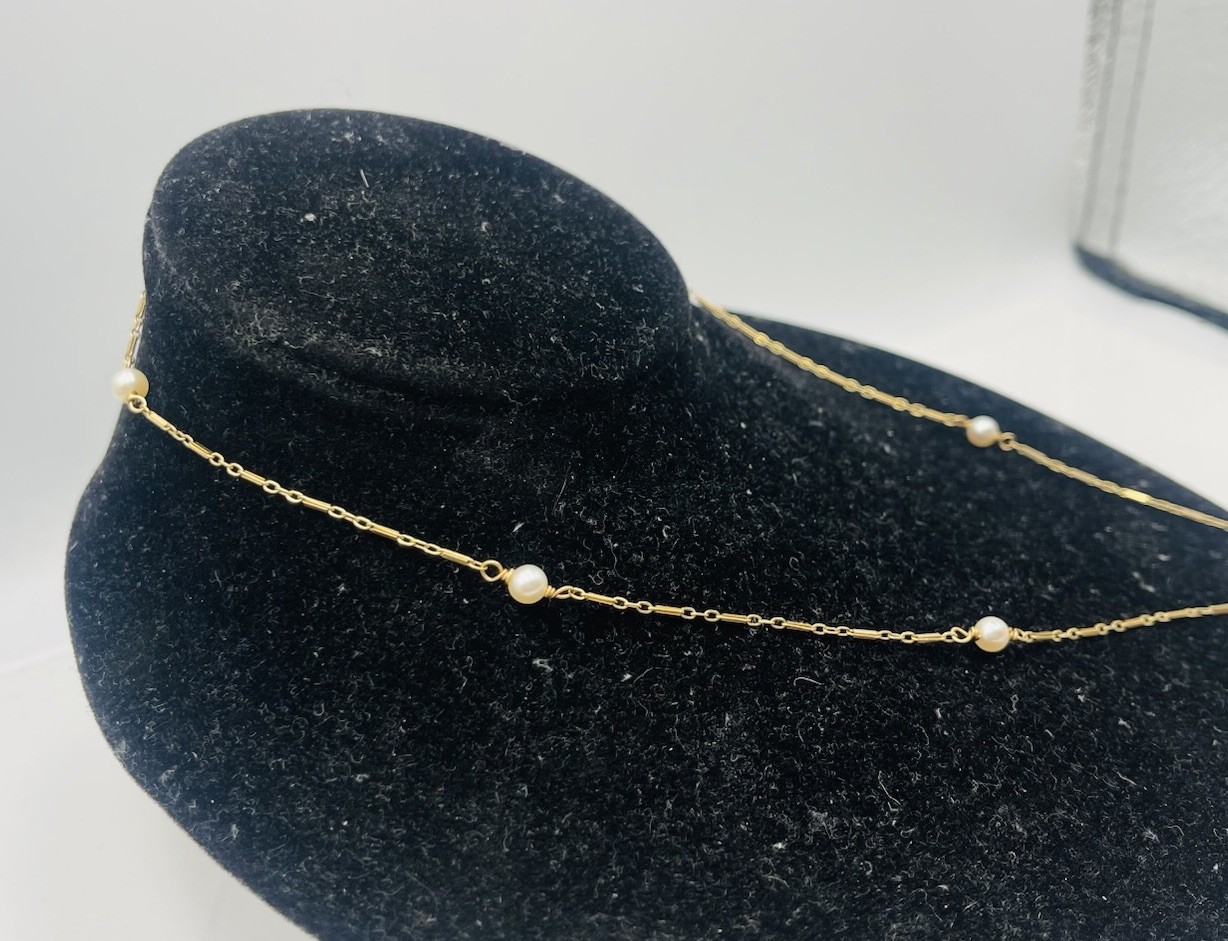 Antique 14k Yellow Gold Pearl Station Bar Link Chain Necklace