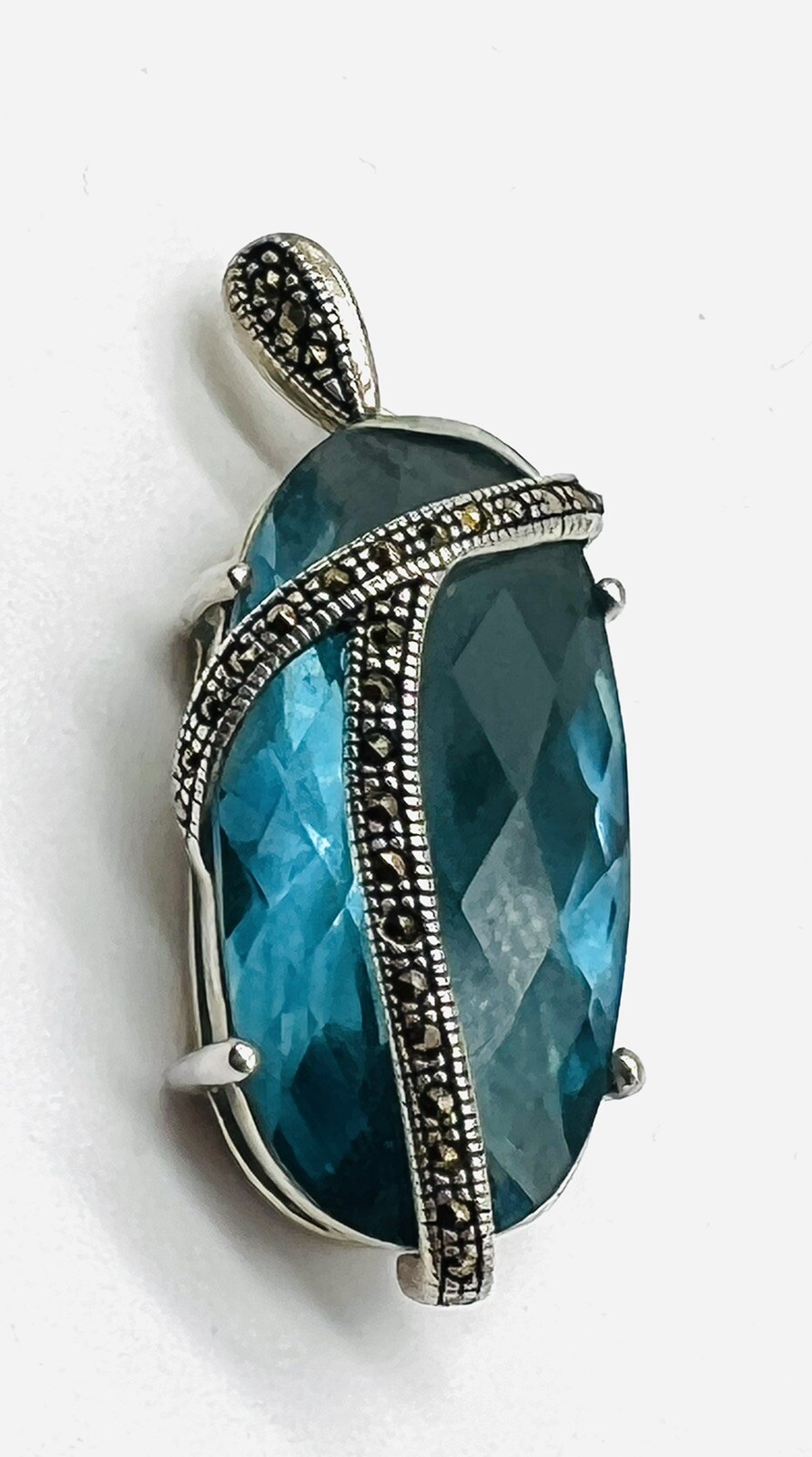 Necklace Blue Crystal Glass STERLING SILVER MARCASITE OVAL STONE NOS 1980’s