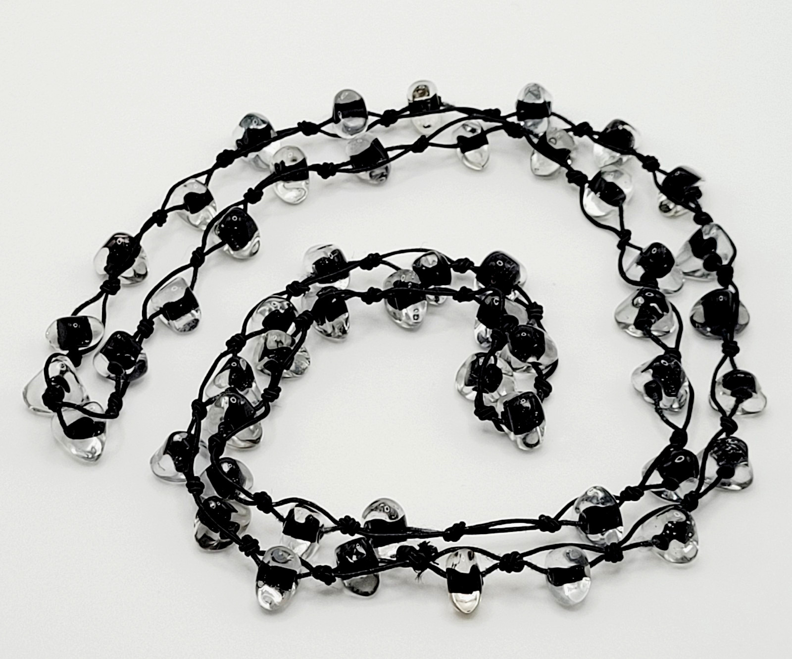 Art Glass Clear Ice Pebble Bead Hand Knot Black Thread Single Strand Necklace
