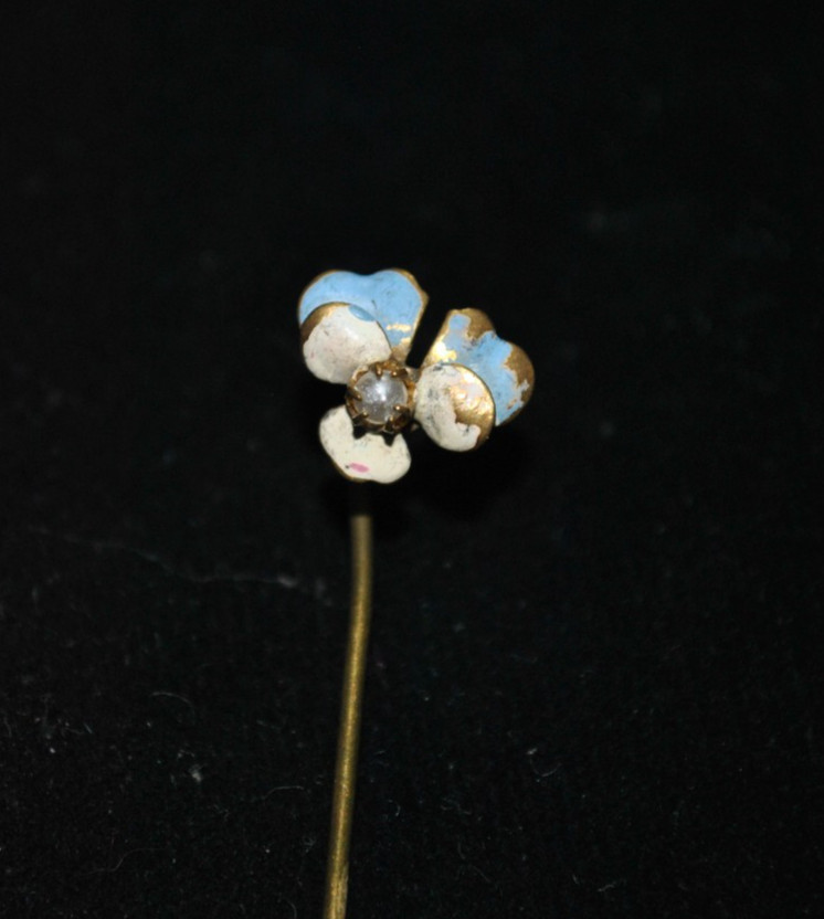 Antique Enamel Pansy Flower Brass Stick / Tie Pin with Faux Pearl victorian