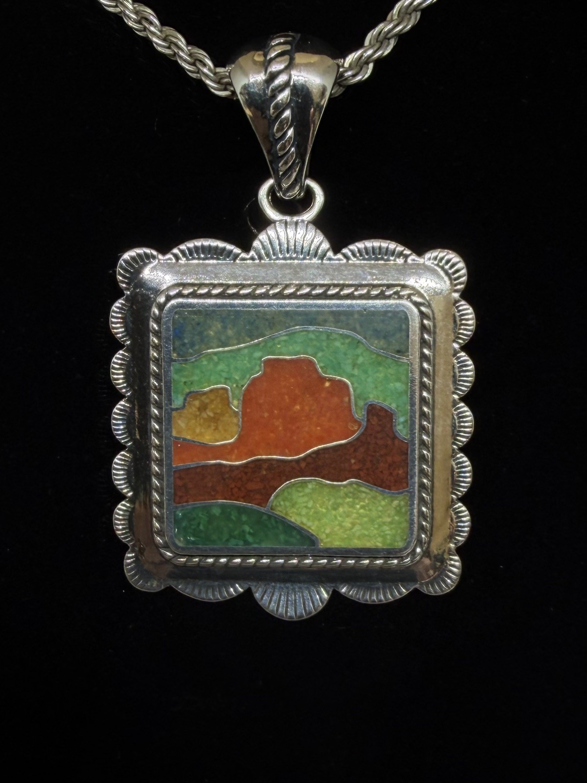 Carolyn Pollack 925 Sterling Silver Desert Scene Colorful Multi-Stone Chip Inlay