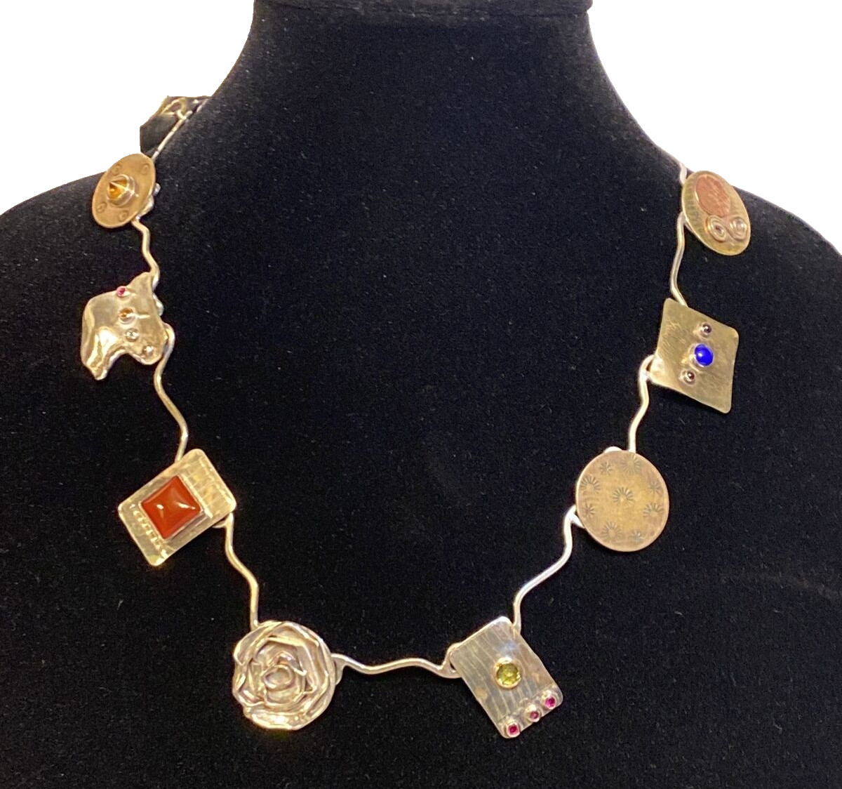 Sherry Tinsman Vintage Sterling Silver 14k Mixed Metal Multi Stone Necklace 22″