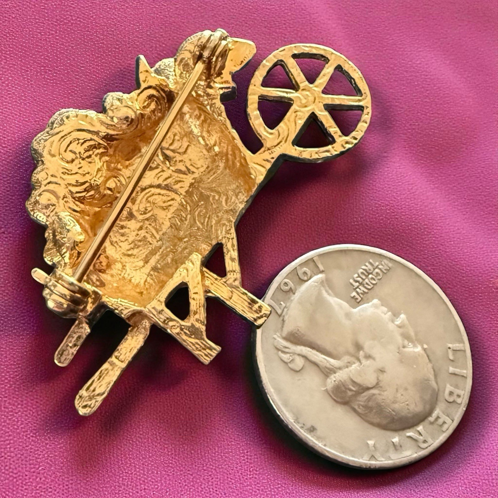1928 Jewelry Floral Wheelbarrow Brooch Gold Tone Pink Rhinestone Vintage