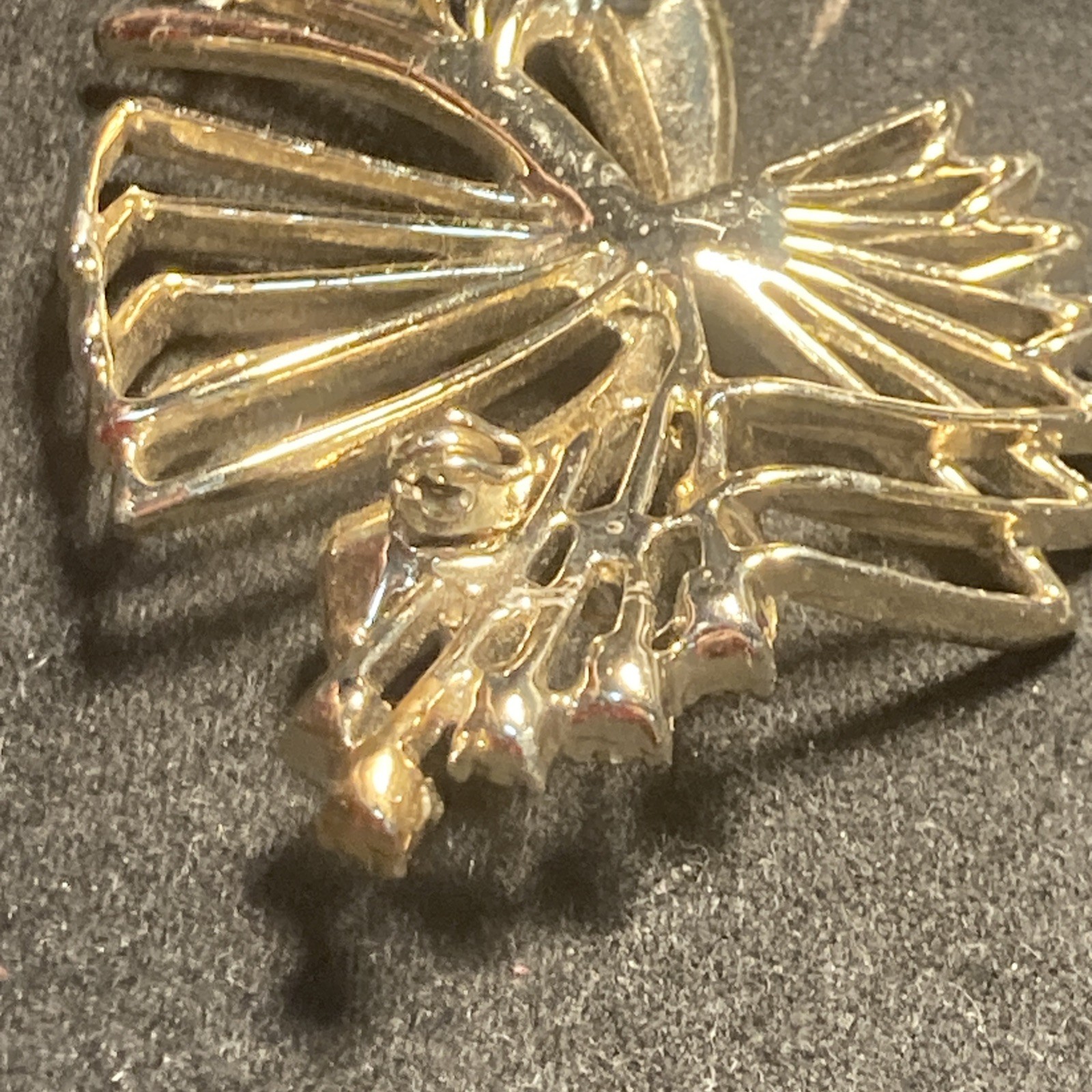 Open Gold Tone Clear rhinestone Rare Brooch Bow Floral Bouquet 2.08″ Old C photo