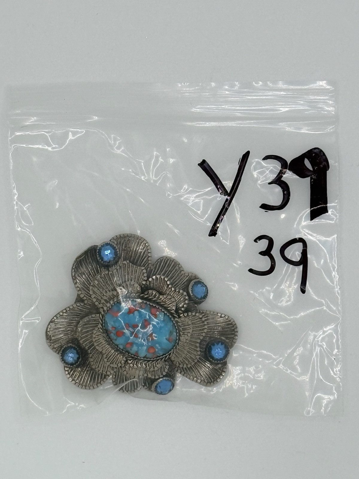 ANTIQUE ART NOUVEAU CZECH BLUE ART GLASS FUR DRESS CLIP / PEKING GLASS CABOCHONS