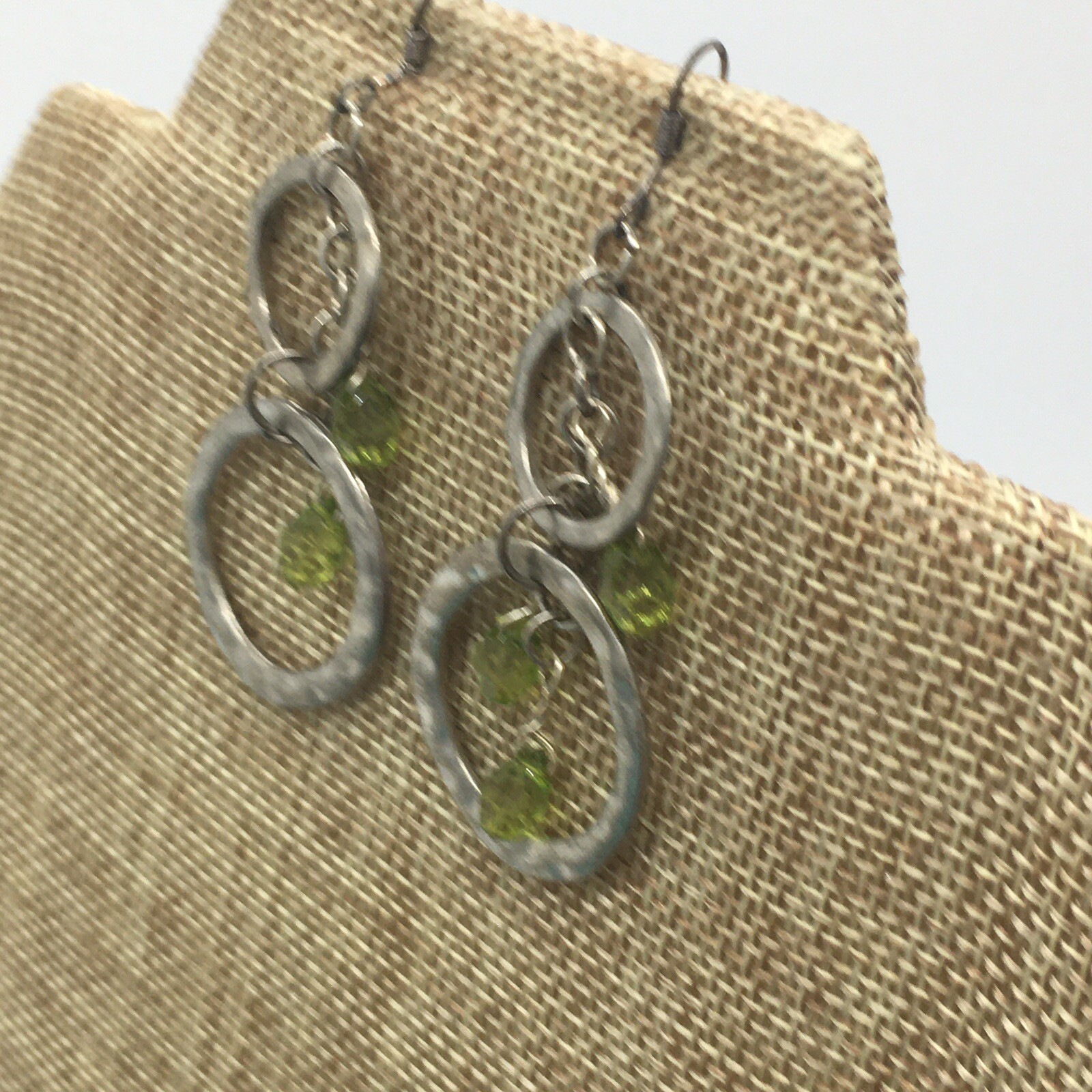 Double Hoop Dangle Fish Hook Earrings With Acrylic Green Beads Approximately 2”