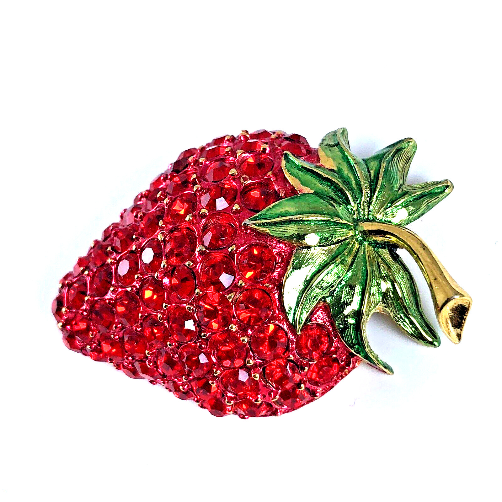 Red Crystal Strawberry Brooch Pin Signed Revere Green Enamel Gold Tone 2″