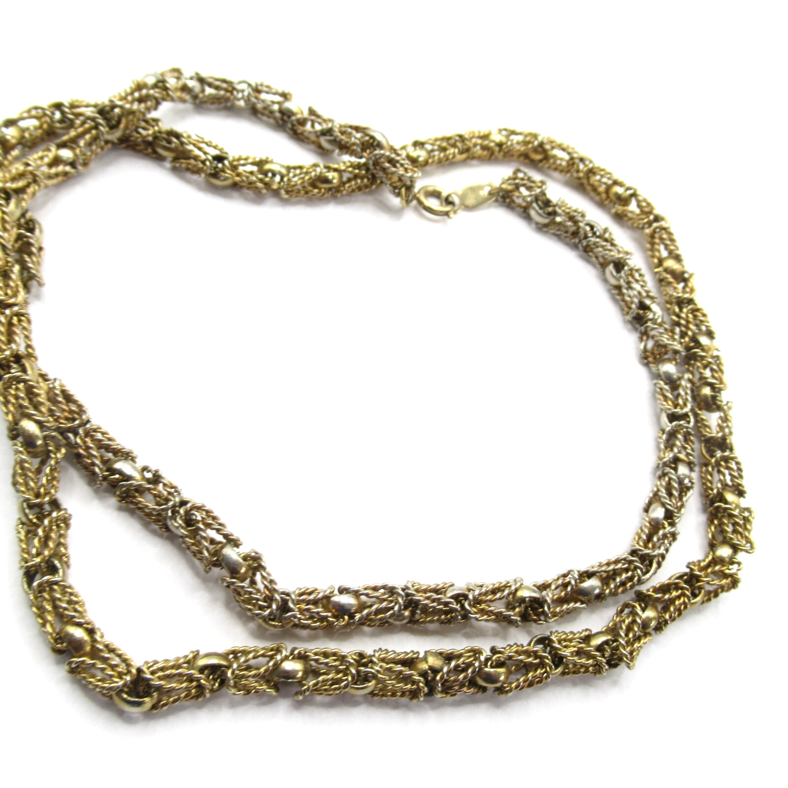Fancy Textured “Beaded” Metal Gold Tone Long Necklace Vintage