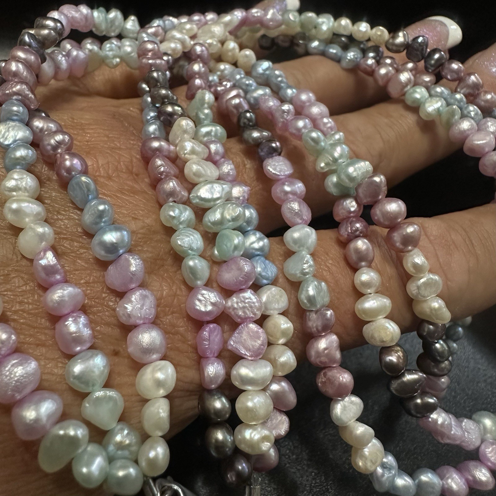 NICE ESTATE STERLING SILVER PINK BLUE PURPLE PEACOCK PEARL 3-STRAND NECKLACE 20”