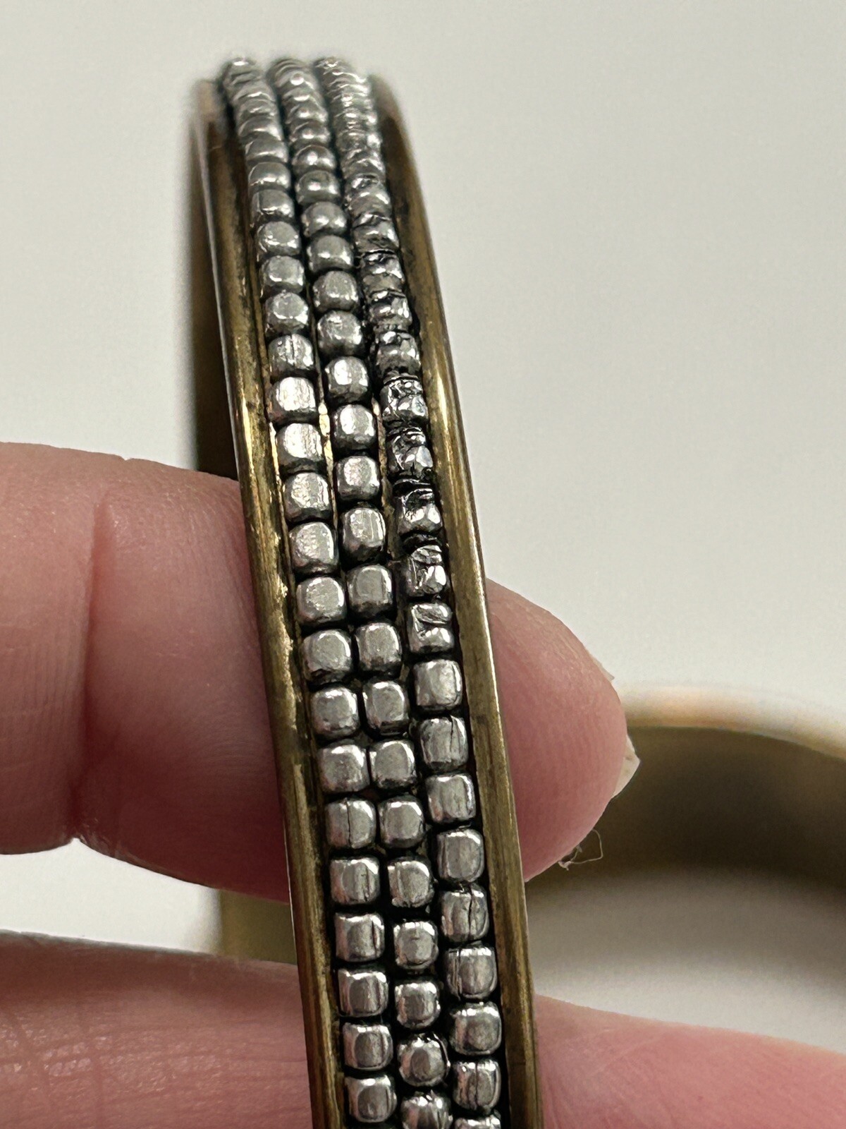 Vintage Silver Tone Metal Beaded Brass Bangle Set Of Two