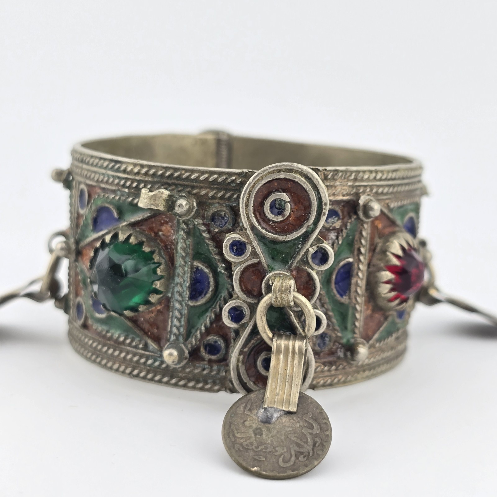 Vintage Berber Moroccan Style Enamel Cuff Bracelet Ethnic Tribal Coin Bangle