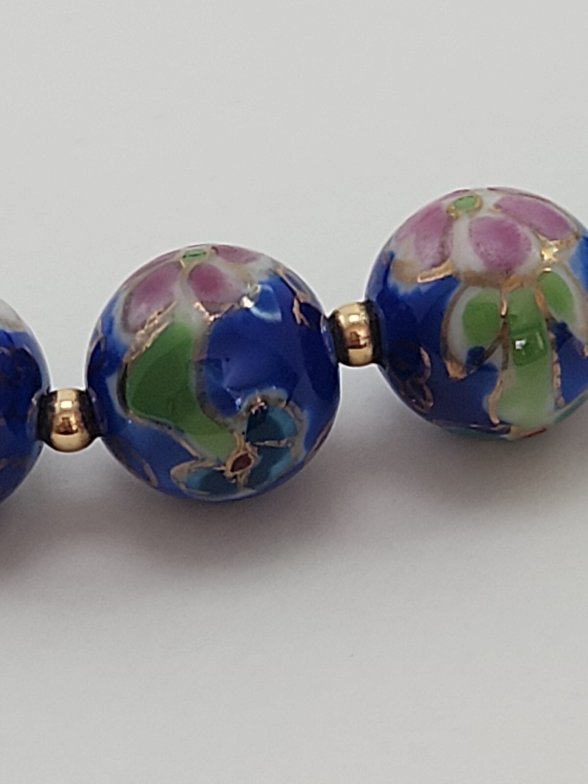 Vintage Japanese Cloisonne Bead Floral Necklace, Blue Pink and Green 22 Inches