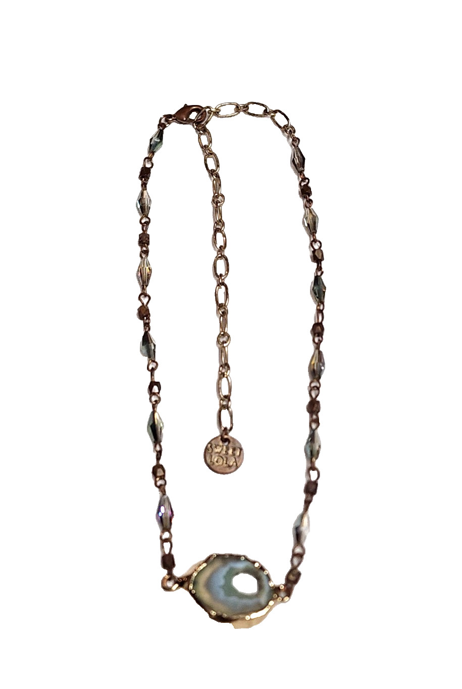 Vintage Sweet Lola Brass Blue Green Beaded Geode Pendant Necklace 17″ Choker