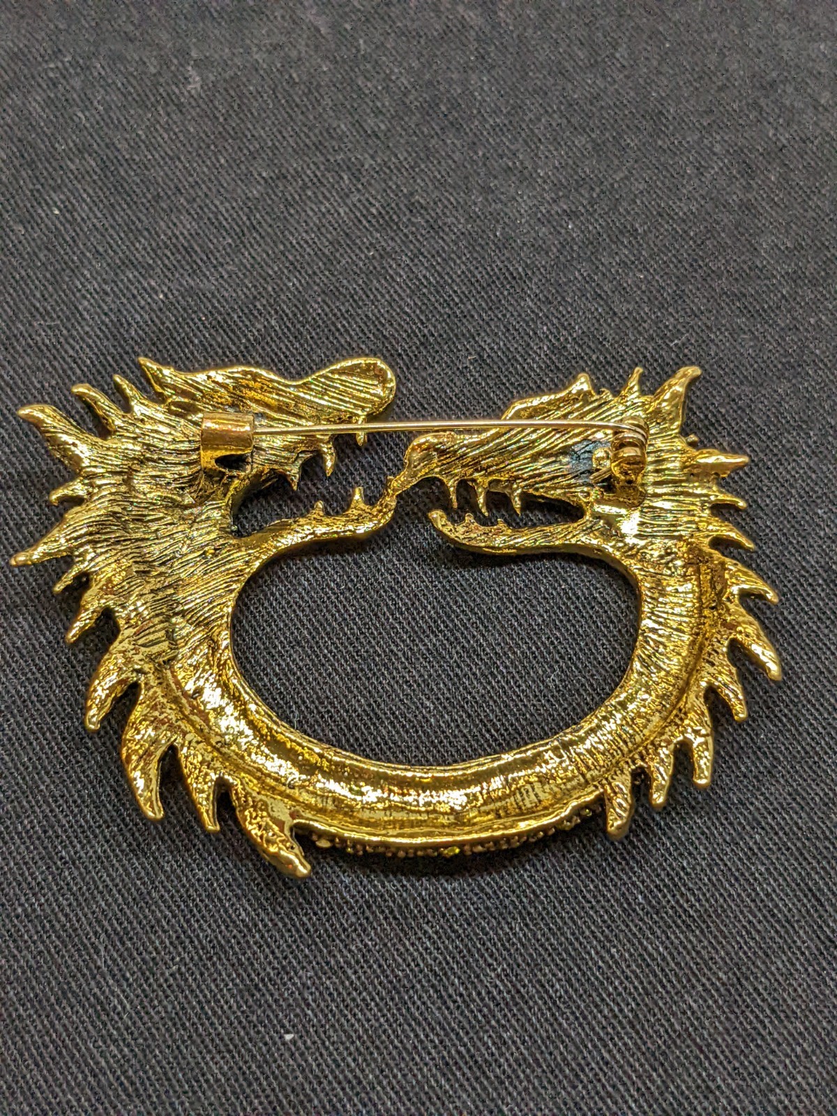 Vtg Dragon Brooch Gold Tone Green Red Rhinestone Chinese Fantasy Statement Pin