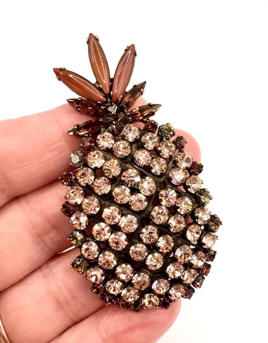 Austrian? Multicolored Topaz & Green Rhinestone Pineapple Brooch Vintage Jewelry