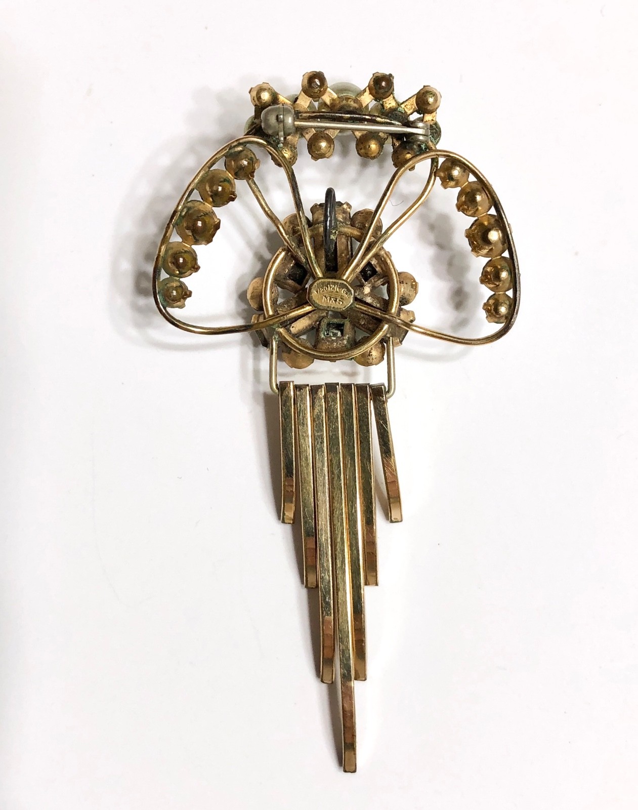 Gold Filled M&S Brooch Pendant 12KT GF Green Stones Prong Set Art Deco Vintage