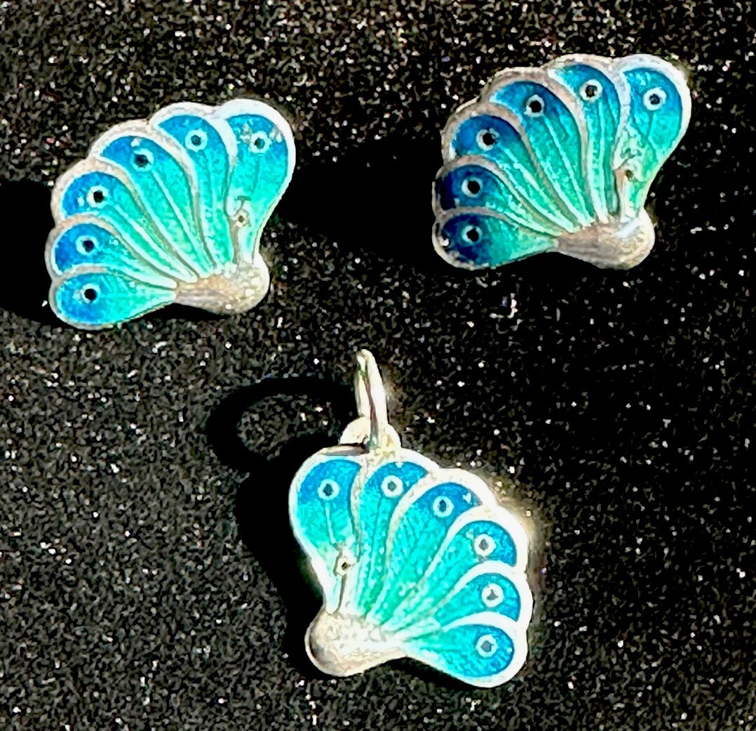 Ramirez 980 Silver Peacock Blue Guilloche Enamel Charm/Pendant & Post Earrings