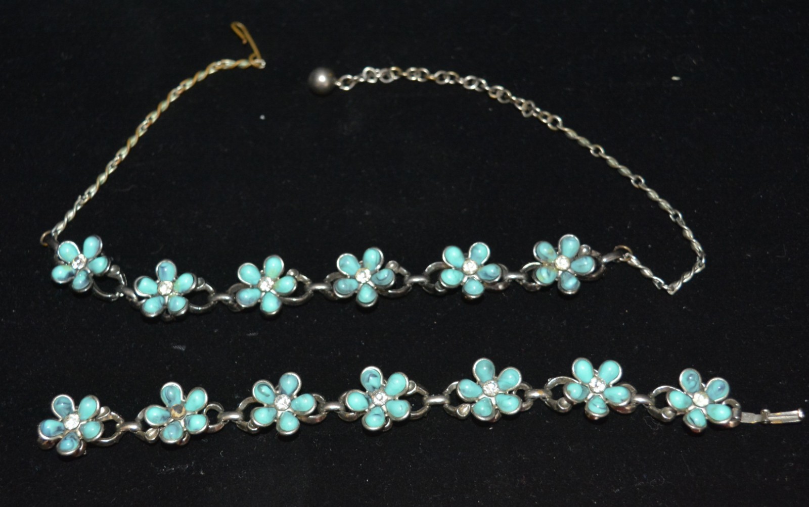 VTG Blue Opal Turquoise & Rhinestone Sterling Silver Bracelet & Necklace Choker