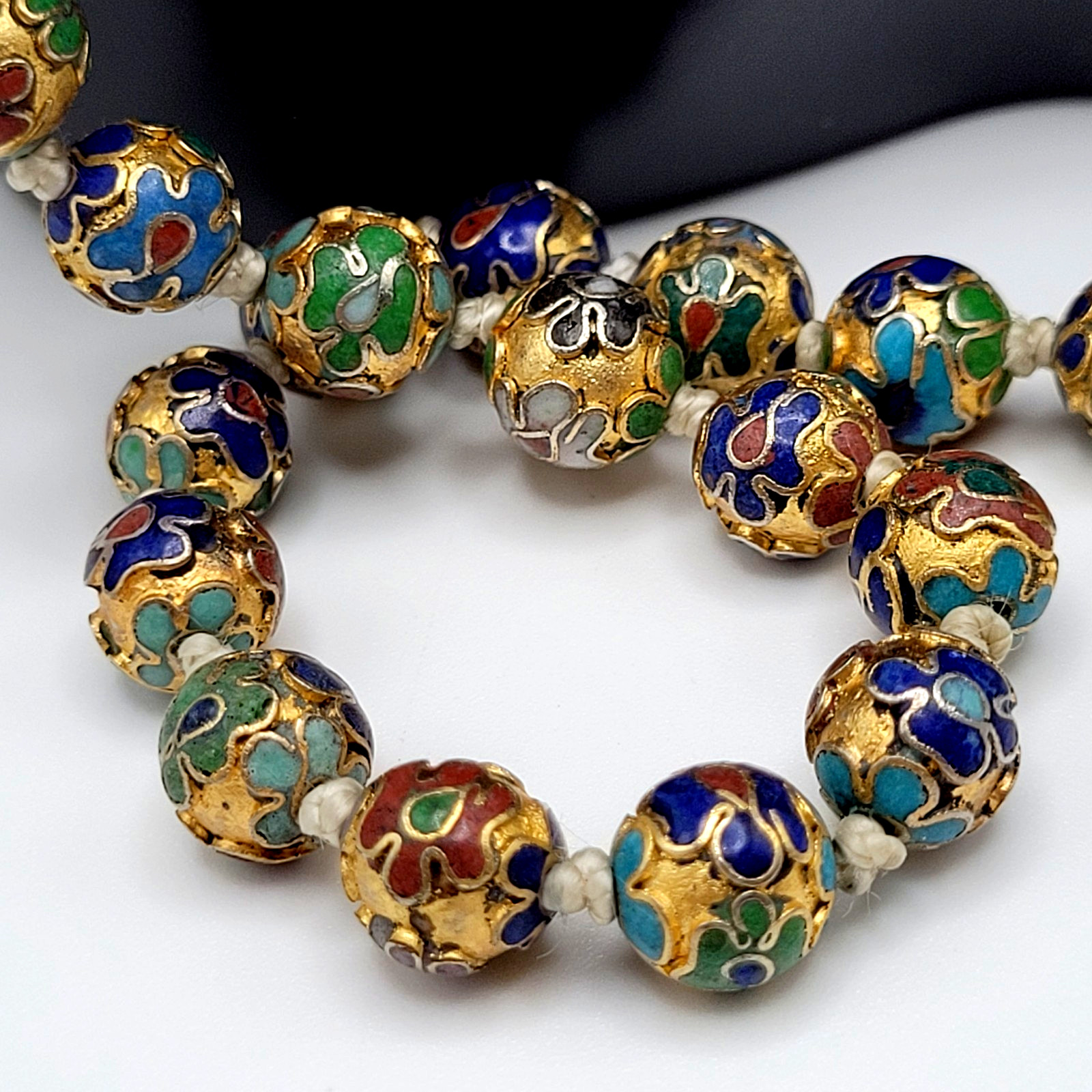 Chinese Cloisonné Floral Bead Hand Knot Circa 1930s Beaded Necklace 23 Inch