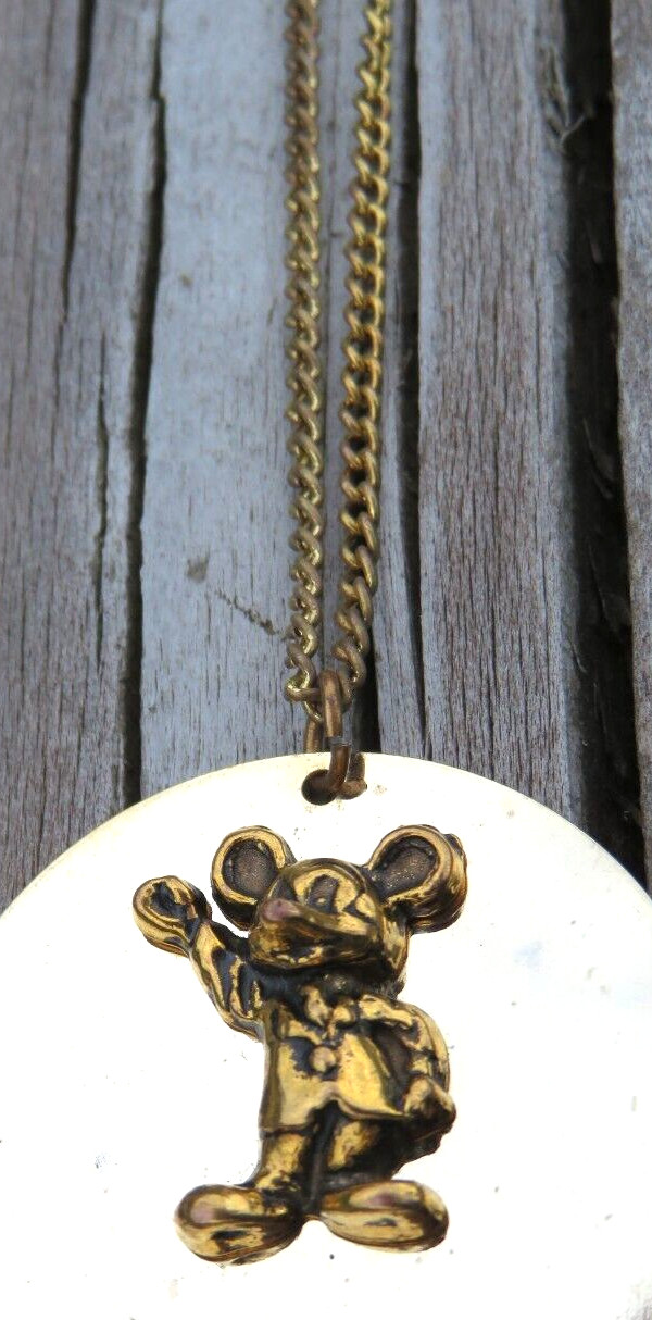 Vintage Walt Disney Micky Mouse Mirror Disc Pendant Charm Necklace Chain