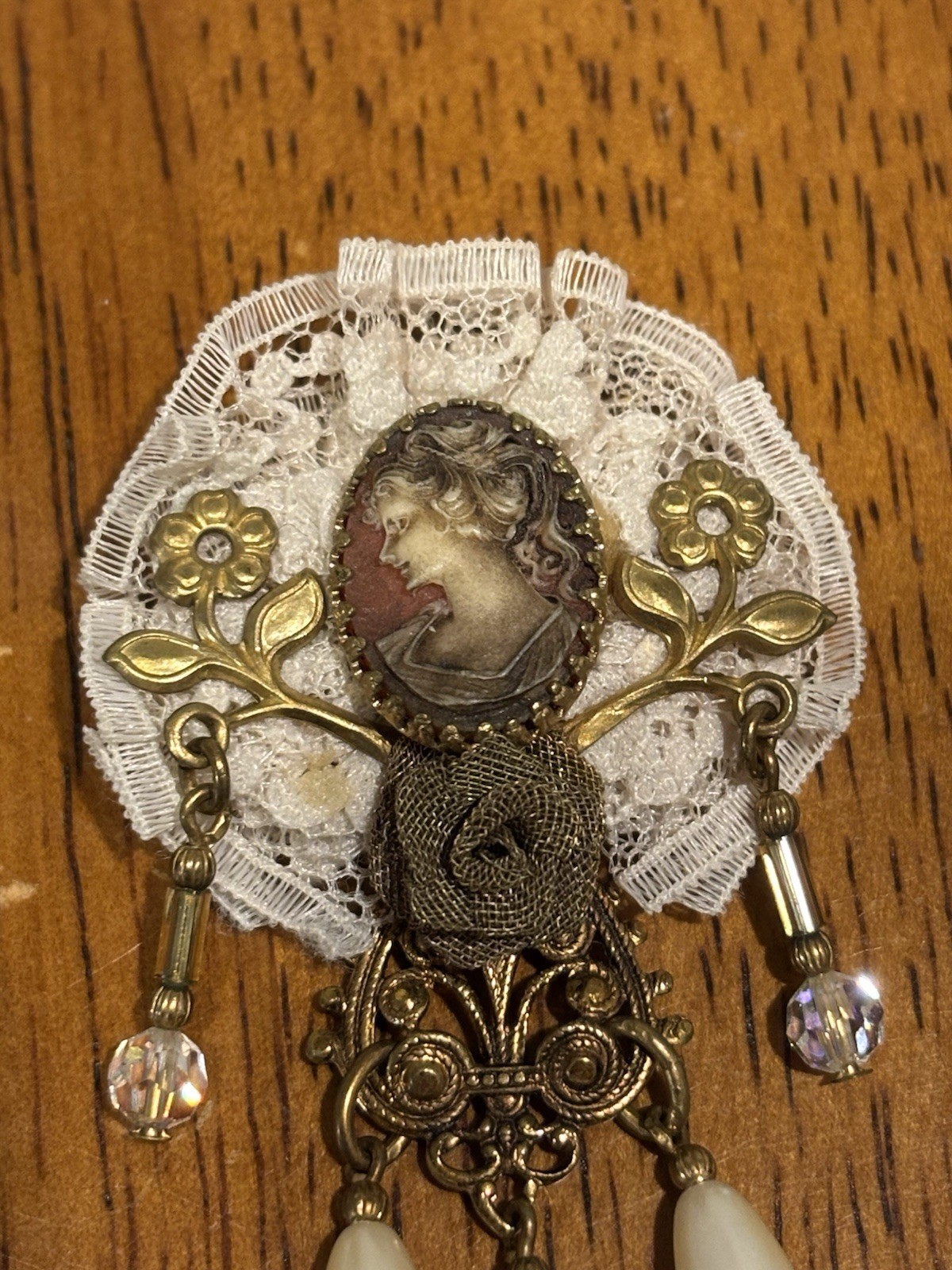 Vintage 3” Gold Brown White Molded Cameo with Beads and Lace Brooch Pin