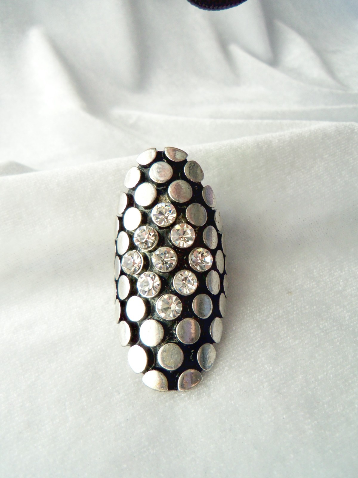 Crystal Rhinestone Accents Silver Dots on Black Long Finger Stretch Band Ring