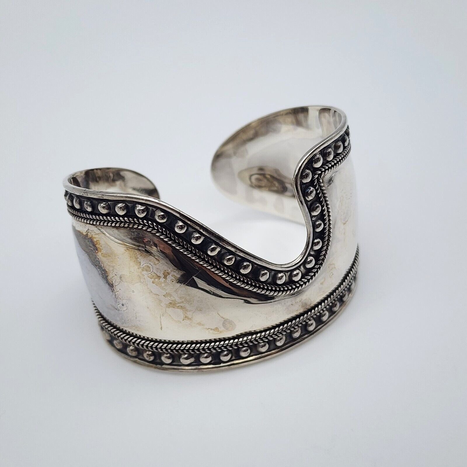 DELL Bead Modernist Abstract – Sterling Silver 925 Wide Cuff Bangle – 6.8″