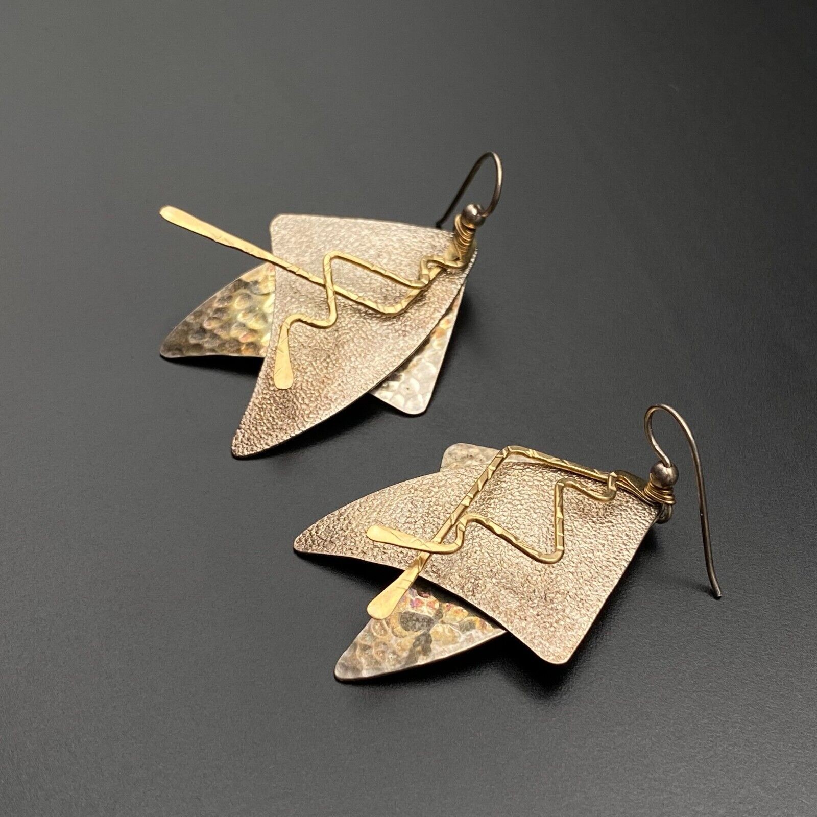 Vintage Modernist Mixed Metal Sterling Silver Dangle Earrings