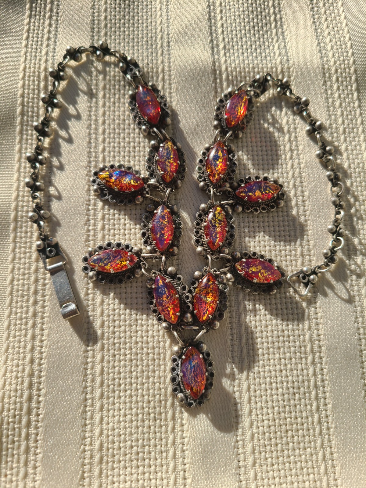 Vintage Sterling Silver Dragon’s Breath & Gold Foil Glass Jelly Opal Necklace