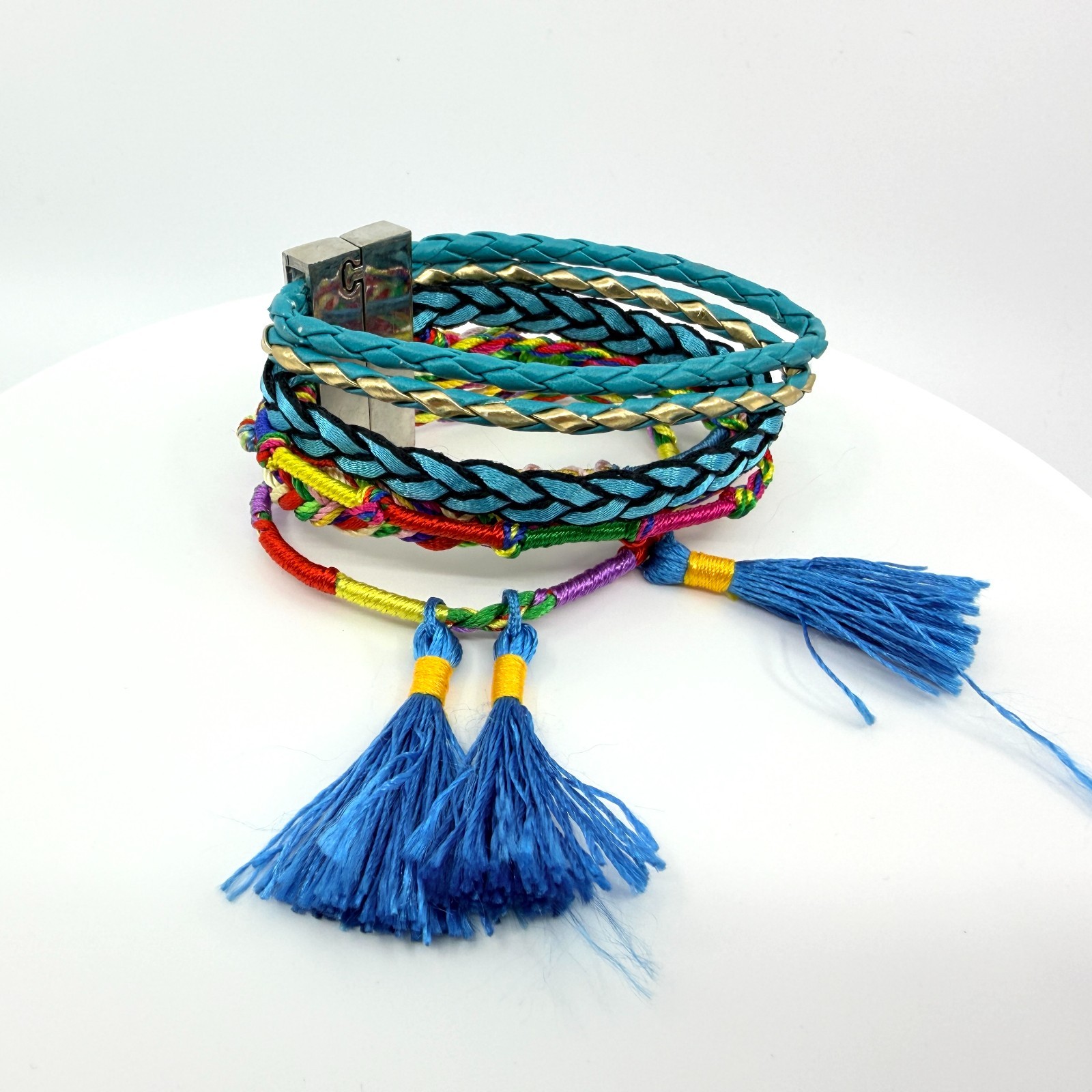 Vintage Blue Teal Multi Strand Braided Wrap Bracelet Tassels Magnetic Clasp Boho