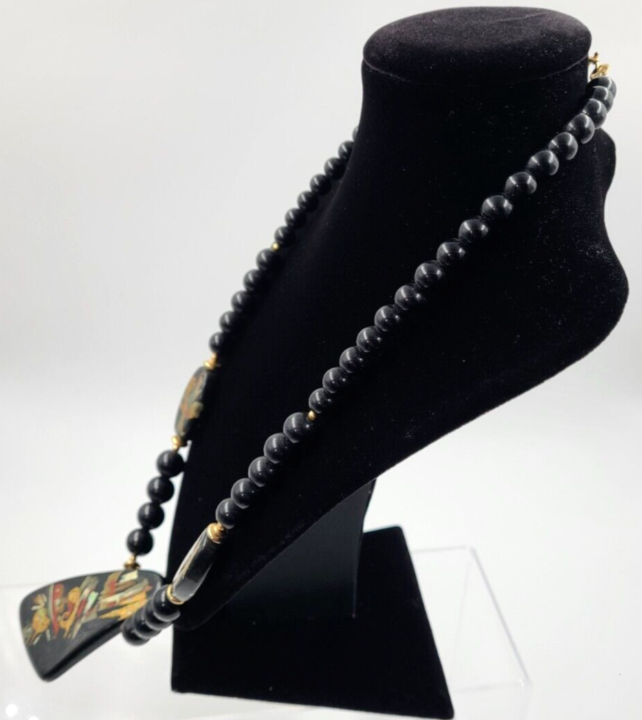 Vintage Asian Hand Painted Black/Gold/Red Lacquer Necklace Made in Japan