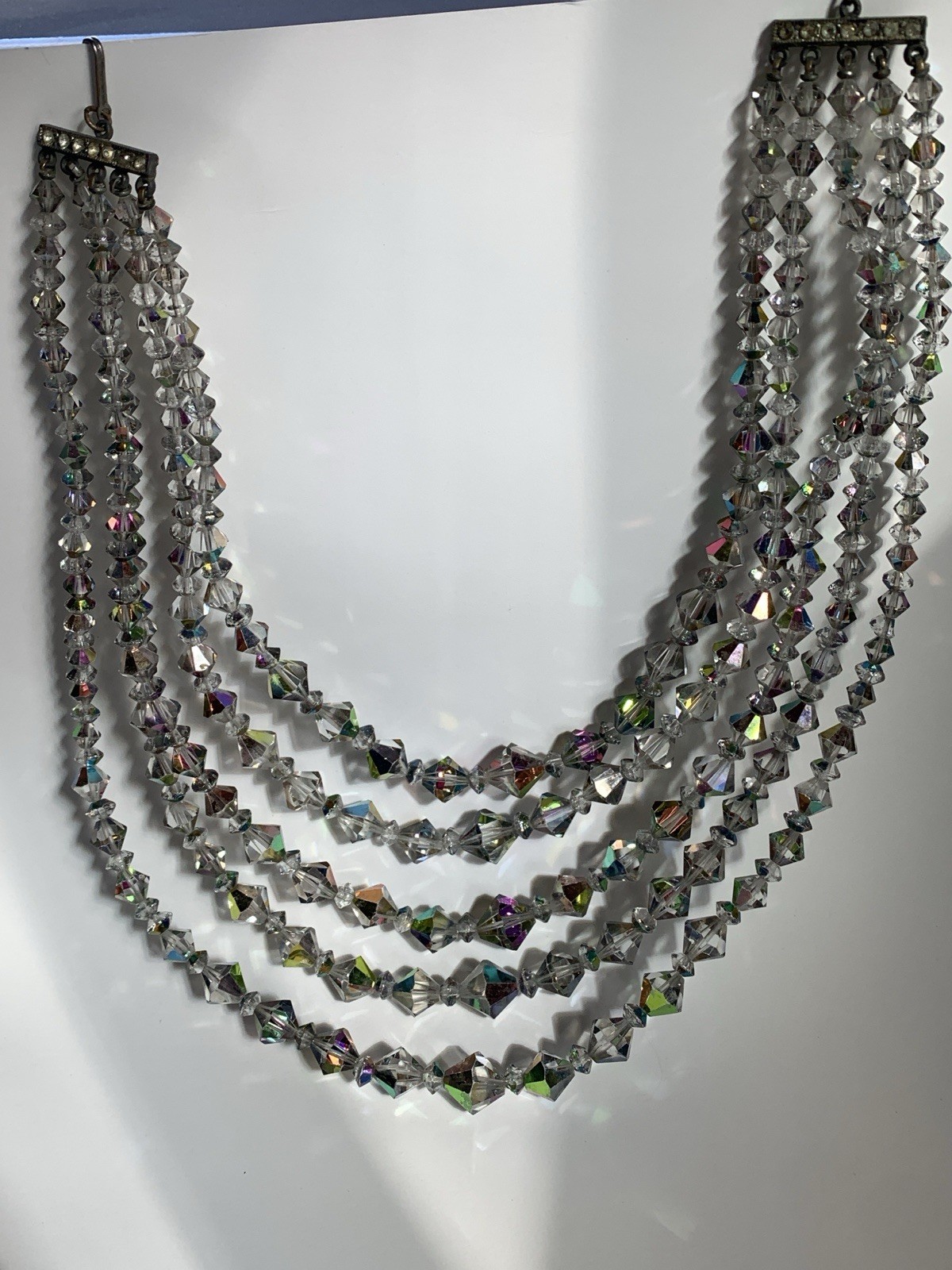 Aurora Borealis Multi Strand Collar Necklace Glass Beaded Bicone AB Silver Vtg