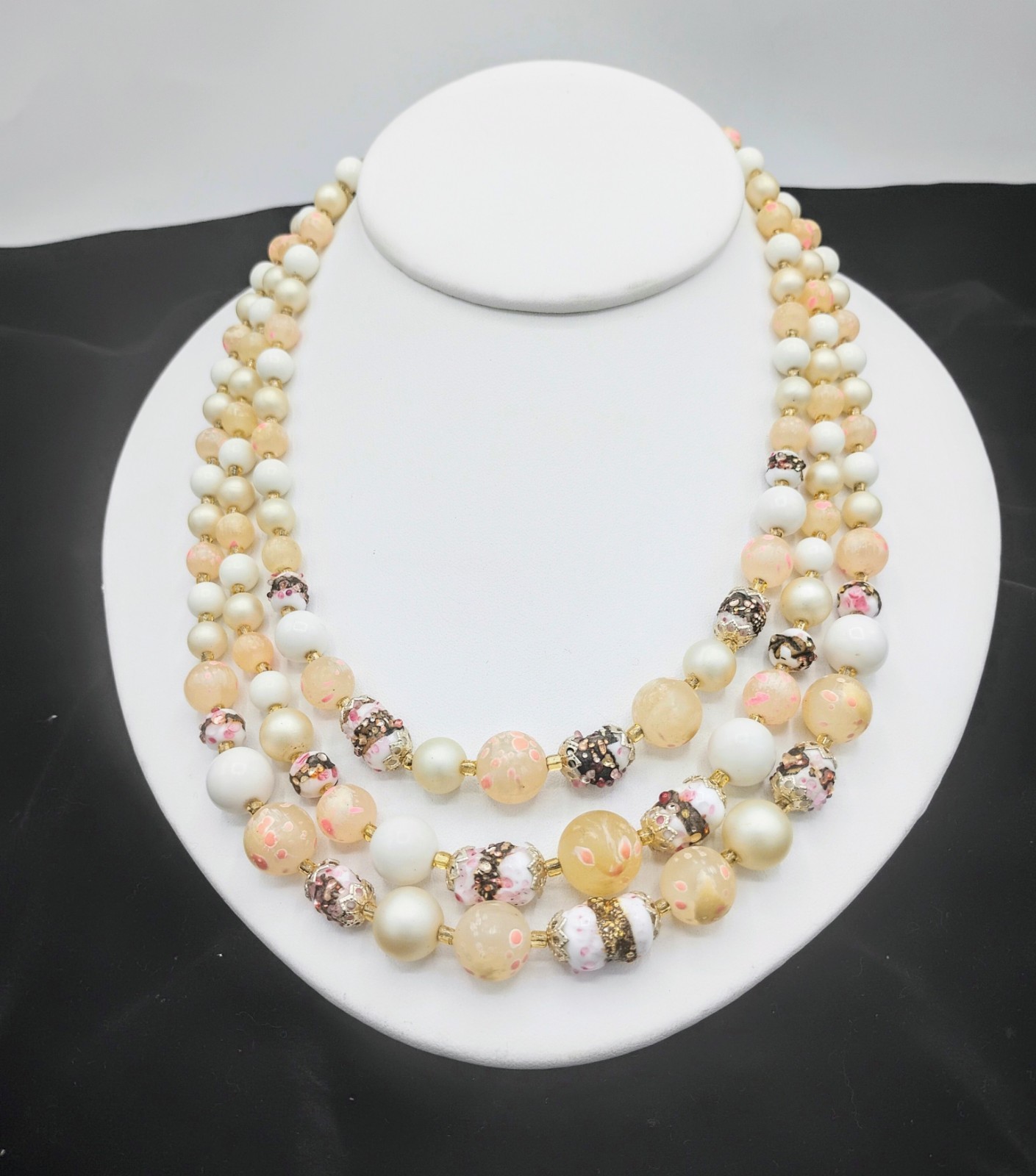 Vtg. Japan Necklace 3 Strand Pink,White Beads Sugar Textured, 16.5-18″FREE SHIP