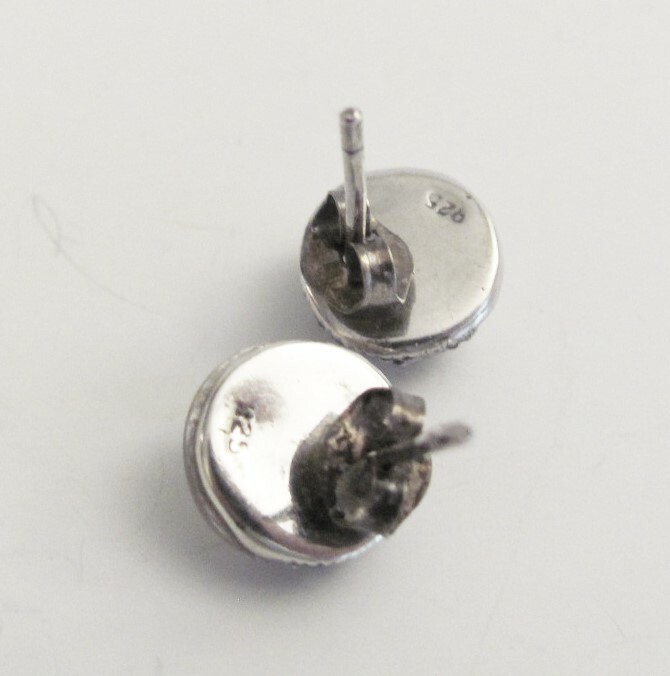 VTG Sterling 925 White Moonstone & Marcasite Round Dome Stud Earrings 1cm diam.