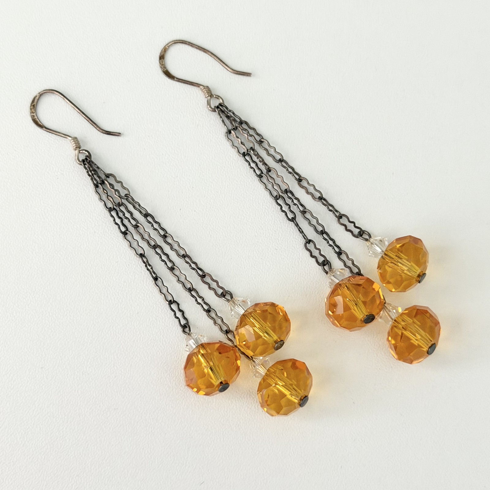Vintage 925 Sterling Silver Antique Orange Crystal Chandelier Dangle Earrings