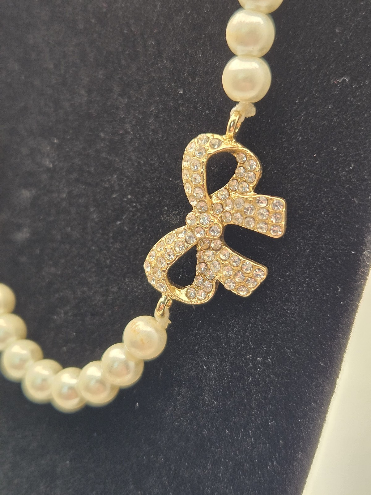 Sugarfix Pearl Bow Necklace 19″ Coquette Balletcore Rhinestone Feminine + Studs