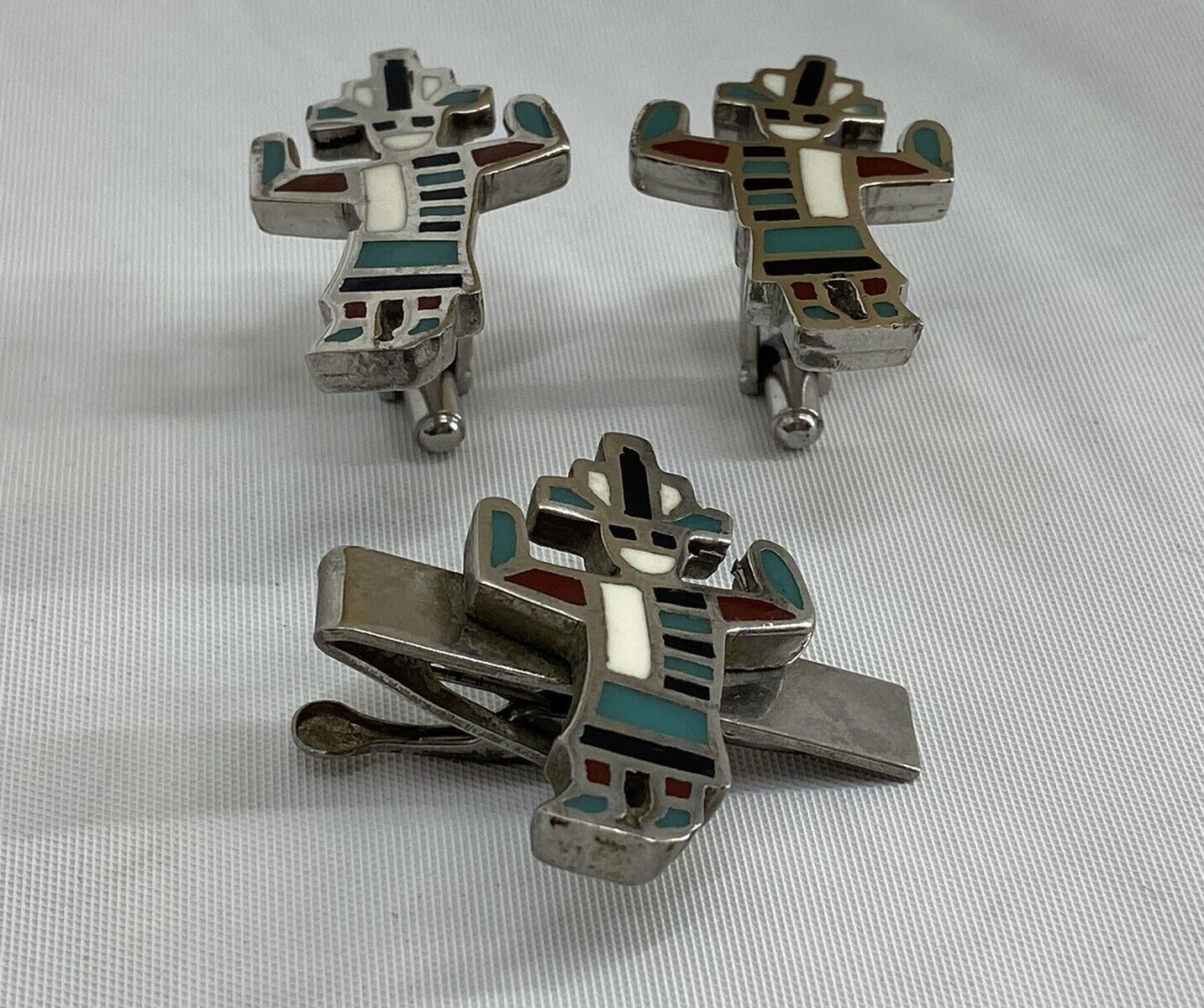 Vintage Zuni Kachina Dancer Cuff Links Tie Clip Inlaid Stones Silver Tone Set