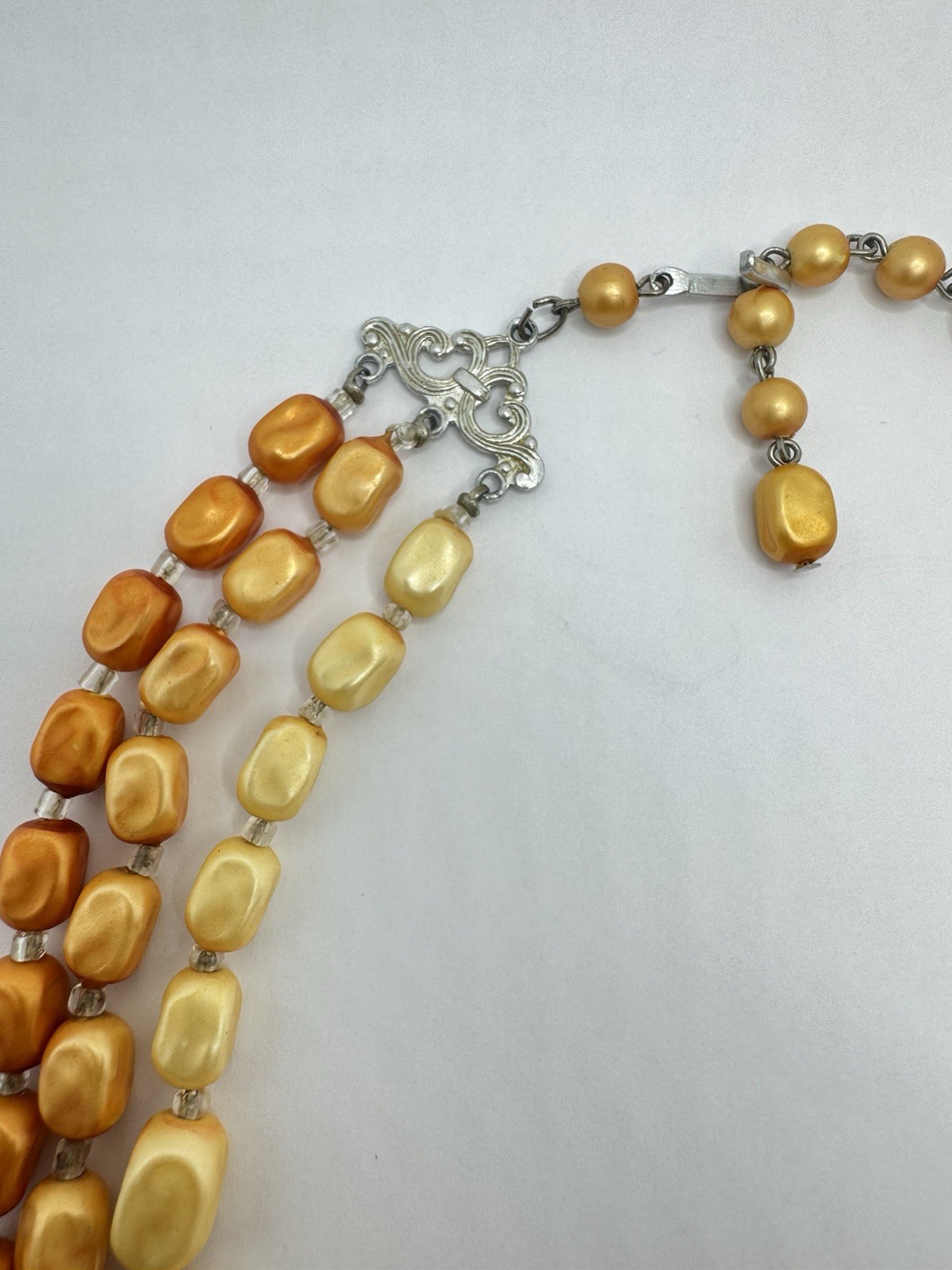 VTG 50’s Triple Strand Beaded Cream Gold Orange Faux Pearl Necklace HONG KONG