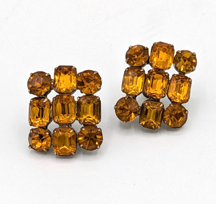 Vintage Amber Rhinestone Earrings Honey Topaz Cluster Screw Back Gold Tone MCM