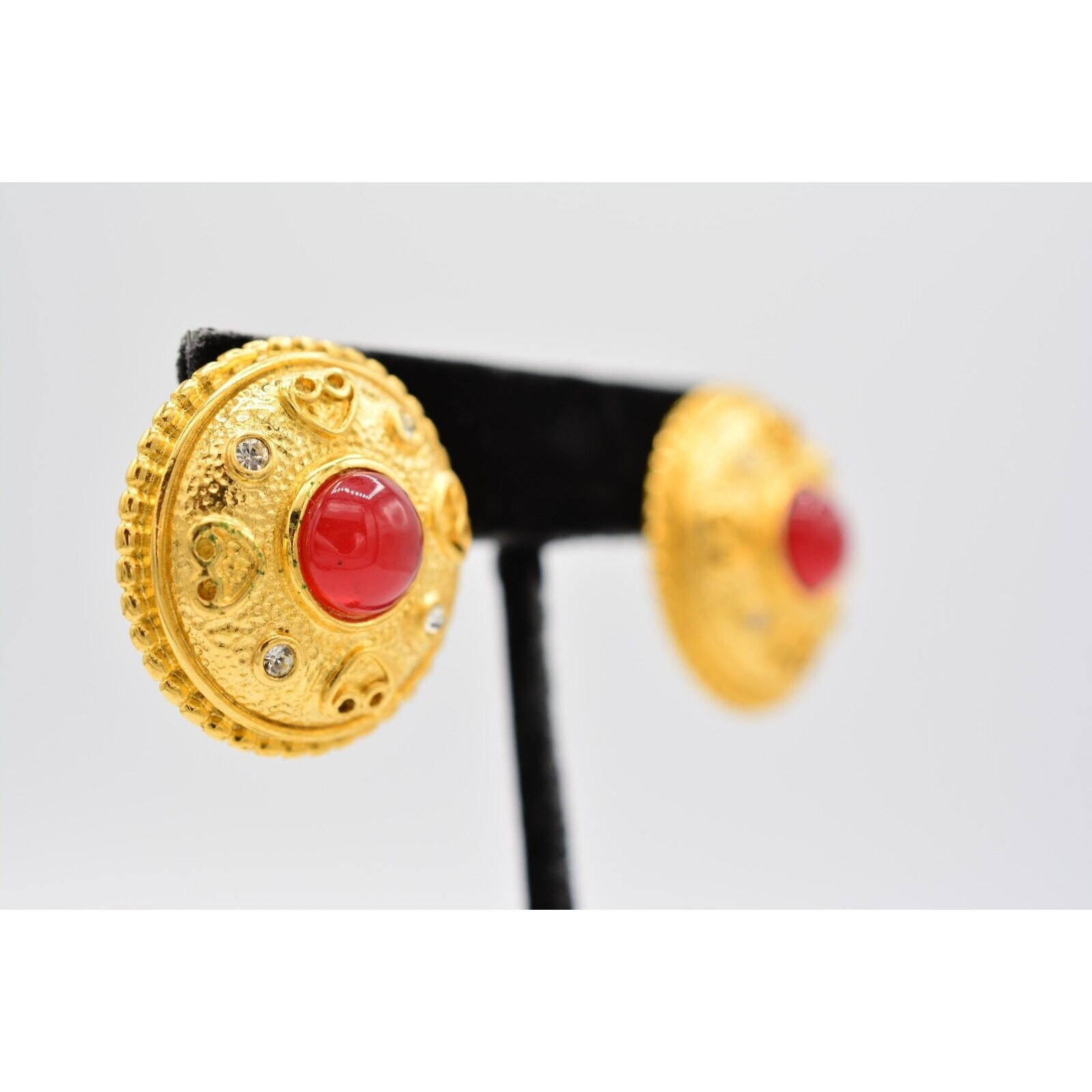 Vintage Chunky Cabochon Post Earrings Brushed Gold Red Crystal NOS 1980s BinA8
