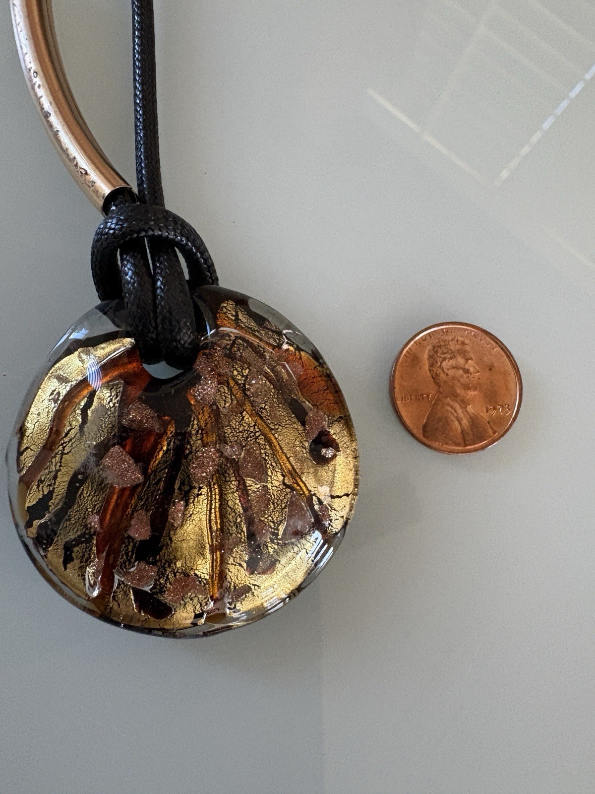 MURANO ITALY Signed Art Glass Pendant Gold Silver Foil With Orange Swirls