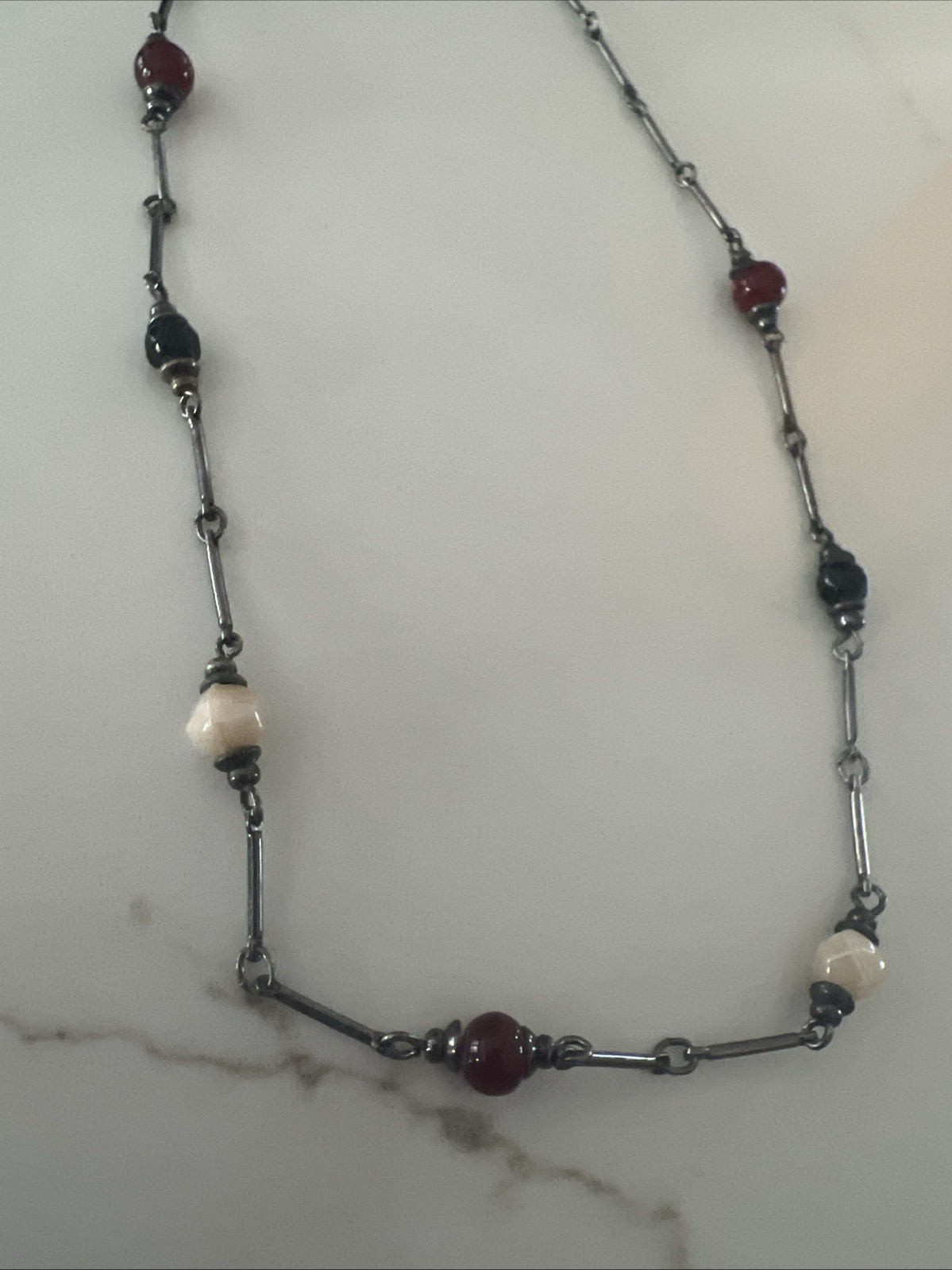 Designer Fringe Necklace Gun Metal Silver Tone Red White Black Glass Beads Chain