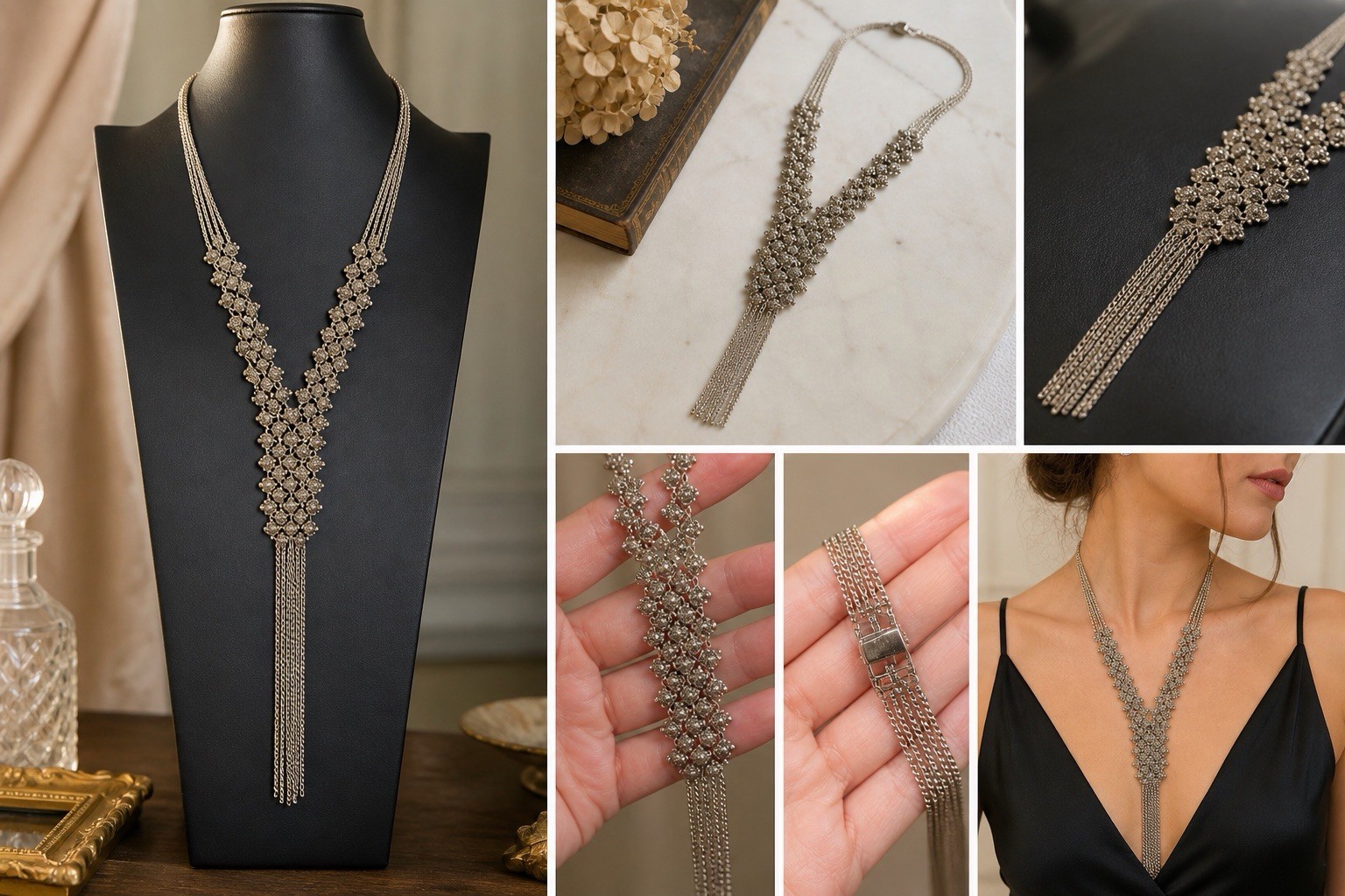 Vintage Silver Tone Statement Bib Necklace Tassel Fringe Cluster Bead Glam 70s