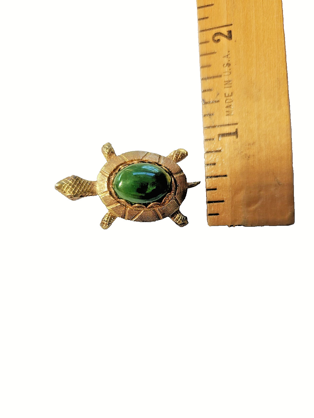 Vintage Unmarked Gold Tone Turtle Pin Real Green Stone Cabochon Tested