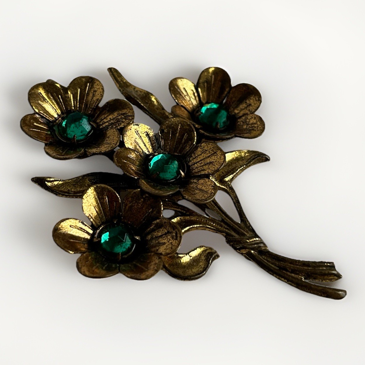 Vintage 1940’s Large Gold Tone Floral Sprig Brooch With Green Rhinestones