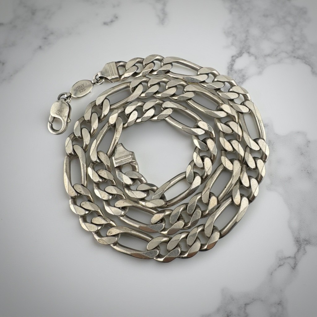 Heavy Vintage 925 Sterling Silver Figaro Chain Necklace 24″ Solid Links 114g