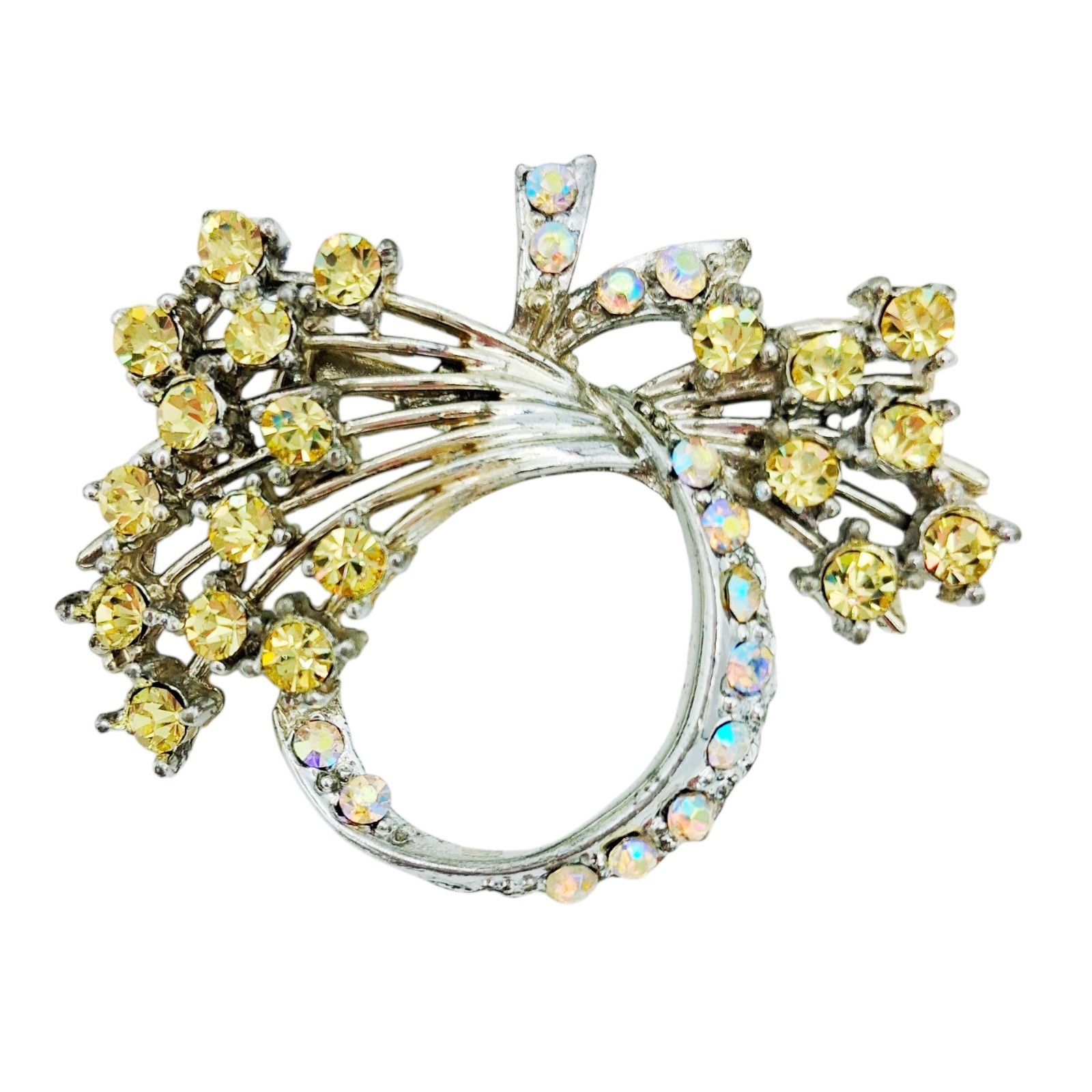 Vtg 50s Yellow Rhinestone Spray Brooch 2″ Circle Pin w AB Ribbon Accent
